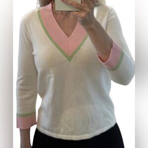 Lauren Ralph Lauren Cream V-Neck Sweater with Pink & Green Trim